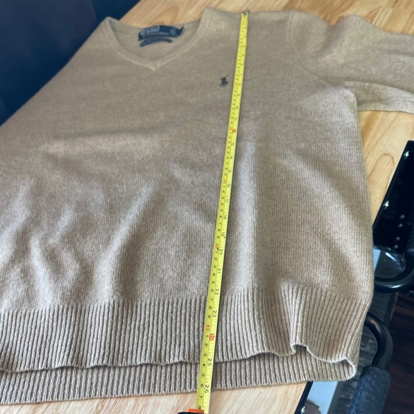 Polo Ralph Lauren Mens V Neck Sweater L Lambs Wool Tan Embroidered Pony - Picture 8 of 8